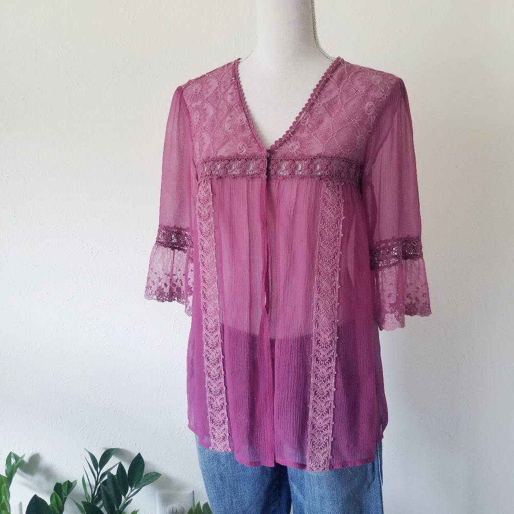 Free People Sheer Snap Front Silk Boho Lace Blouse